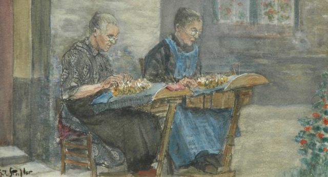 Gerard Johan Staller | Making lace, Bleistift, Kreide und Aquarell auf Papier, 12,1 x 22,1 cm, signed l.l.