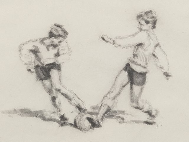 Kempers B.J.E.  | Fussballspieler 3, Holzkohle und Tinte auf Papier 38,0 x 48,0 cm, Unterzeichnet r.u. mit Monogramm