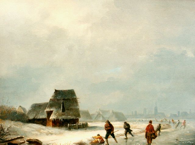 Henri de Pratere | Skaters on a frozen waterway, Öl auf Holz, 32,4 x 40,7 cm, signed l.l.