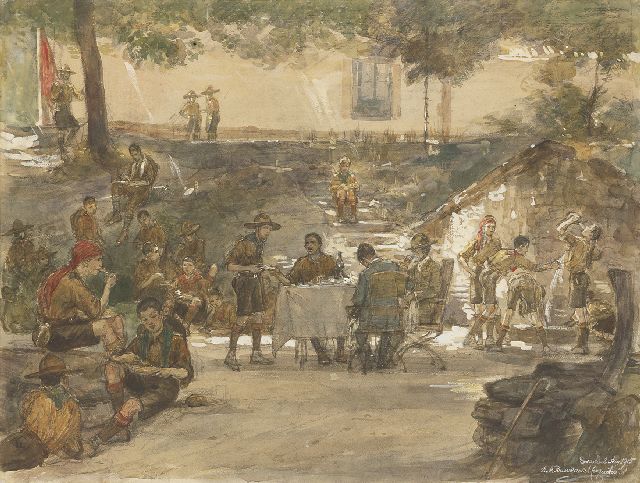 Bueno de Mesquita D.A.  | Pfadfinderlager am Escorial, Spanien, Schwarze Kreide und Aquarell auf Papier 47,5 x 63,0 cm, Unterzeichnet r.u. und datiert  'Escorial' Aug 1915
