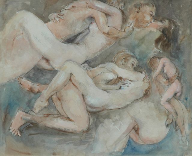 Maas H.F.H.  | Study of a courting couple, Aquarell auf Papier auf Pappe 48,3 x 58,0 cm, signed l.c. und dated 1971