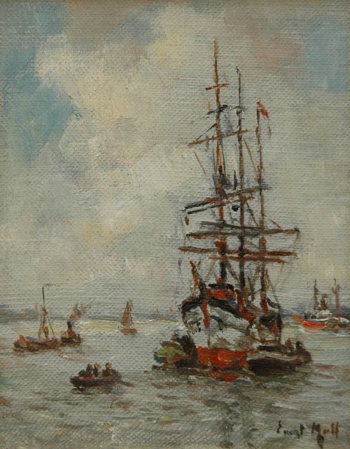 Evert Moll | Towboats and a moored three-master at the Nieuwe Maas, Rotterdam, Öl auf Leinwand auf Holz, 14,0 x 11,0 cm, signed l.r.