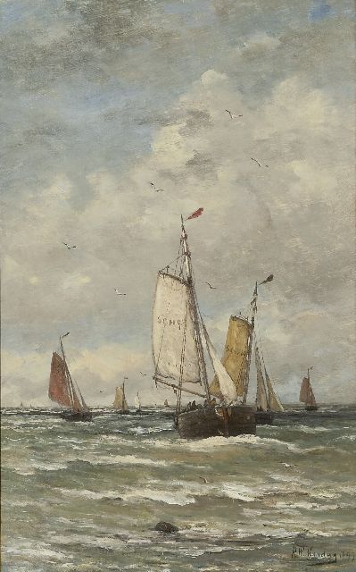 Hendrik Willem Mesdag | Fishing boats at sea, Öl auf Leinwand, 78,2 x 48,2 cm, Unterzeichnet l.u. und datiert 1899