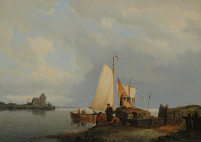 Pieter Cornelis  Dommershuijzen | Figures near a barge on an estuary, Öl auf Holz, 27,1 x 38,3 cm, signed l.r.