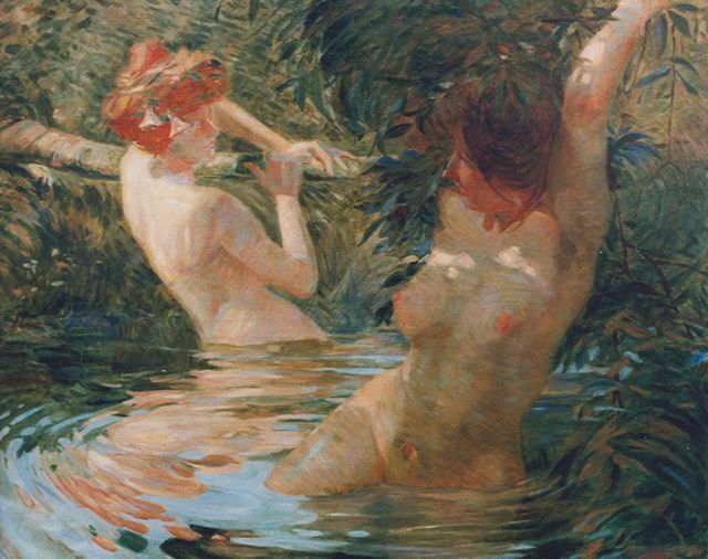 Antoine Calbet | Two bathers in a forest pond, Öl auf Leinwand, 80,7 x 100,0 cm, signed l.r. und dated 1914
