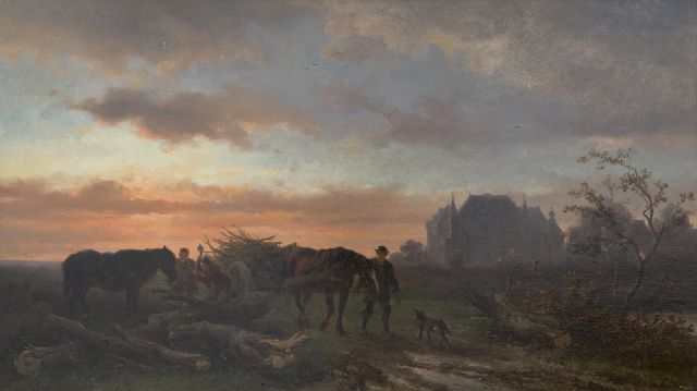 Wouterus Verschuur | Abendlandschaft mit Holzfällern und ihren Pferden, Öl auf Holz, 26,2 x 46,0 cm, Unterzeichnet r.u.