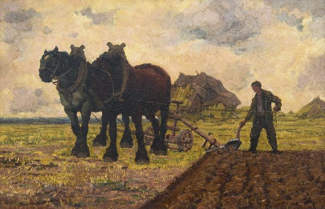 Herman Gouwe | Pflugende Pferde, Öl auf Leinwand, 65,8 x 100,6 cm, Unterzeichnet l.u. und datiert 1911