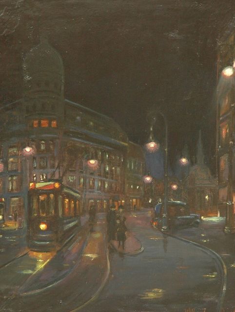 Willem Janzen | The Leidseplein, Amsterdam by night, Öl auf Leinwand, 69,2 x 54,5 cm, signed l.r. und painted Apr. 1917