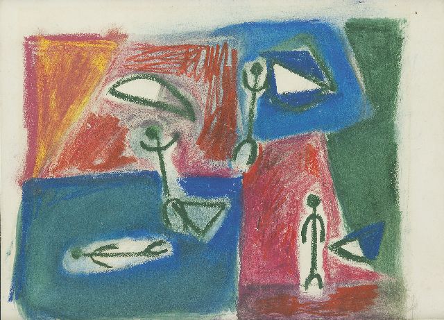 Nanninga J.  | Komposition mit Figuren, Farbkreide auf Papier 22,0 x 29,0 cm