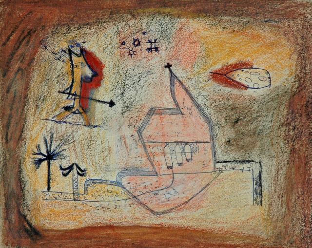Nanninga J.  | Komposition mit  Kirche, nach 'Bebende Kapelle' von Paul Klee, 1924, Kugelschreiber, Farbkreide und Pastell auf Papier 22,0 x 27,0 cm, Unterzeichnet mit nummeriertem Werkstattstempel