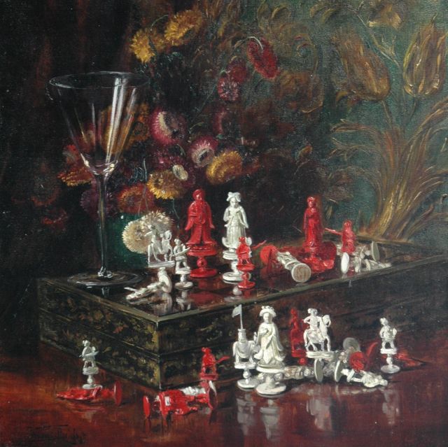 Roelofs jr. W.E.  | Still life with Chinese chess pieces, Öl auf Leinwand 45,5 x 45,7 cm, signed l.l.