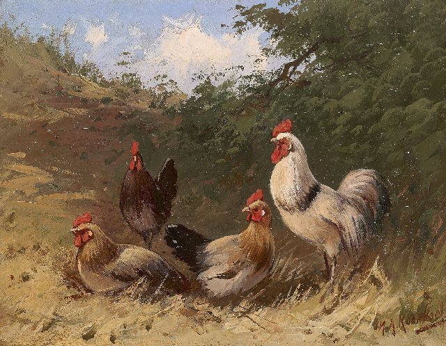 Koekkoek II M.A.  | Landscape with chickens and a rooster, Öl auf Malereifaser 14,1 x 18,1 cm, signed l.r.