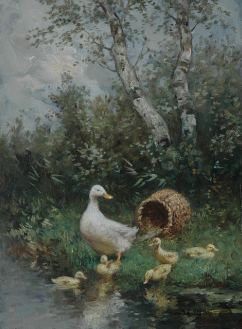 Constant Artz | Mother duck and ducklings, Öl auf Holz, 24,0 x 18,2 cm, signed l.r.