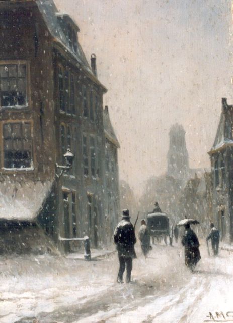 Geijp A.M.  | A snow-covered town, Öl auf Holz 19,6 x 14,5 cm, signed l.r.