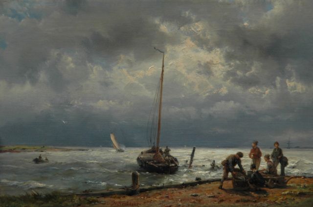 Hermanus Koekkoek | Unloading the catch, Öl auf Holz, 18,8 x 28,4 cm, signed l.c.