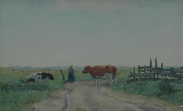 Knikker A.  | Farmer's wife and cows in the fields, Aquarell auf Papier 21,3 x 33,3 cm, signed l.l.