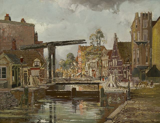 Melcher Tilmes J.H.  | Brücke über die Schinkel, die Sluis am Overtoom Amsterdam, Öl auf Leinwand 35,2 x 44,7 cm, Unterzeichnet l.u.