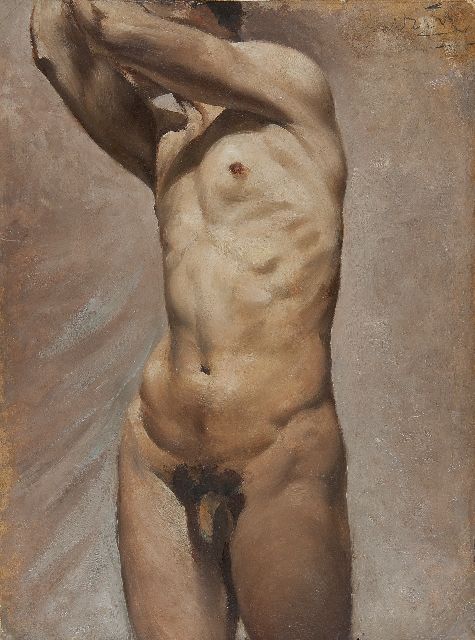 Franse School | Study: male nude, standing, Öl auf Holzfaser, 45,0 x 33,5 cm, signed u.r.