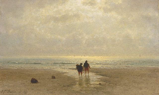 Johannes Josephus Destrée | Two shellgatherers on the beach at sunset, Öl auf Holz, 32,6 x 52,0 cm, signed l.l. und dated 1879
