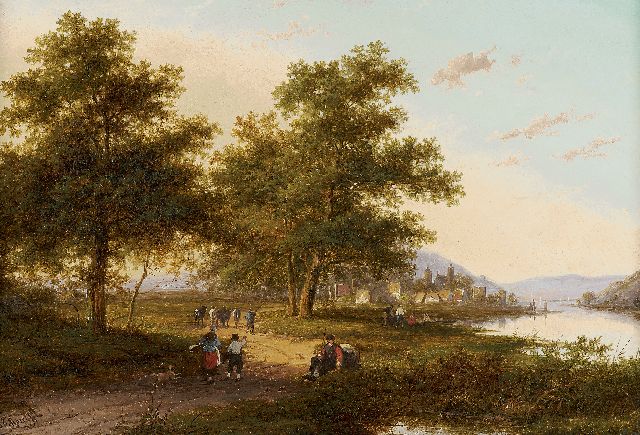 Jan Evert Morel II | Figures near a riverbank, Öl auf Holz, 24,2 x 34,8 cm, signed l.l.