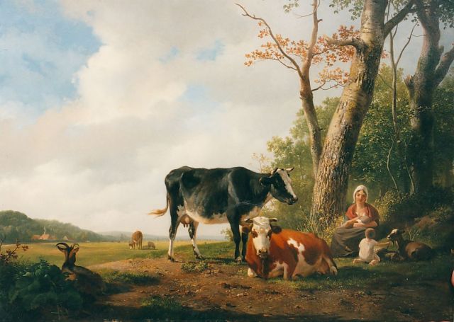 Hendrikus van de Sande Bakhuyzen | A summer landscape with a cowherdess and cattle, Öl auf Holz, 47,7 x 60,7 cm, signed l.l. und dated 1829