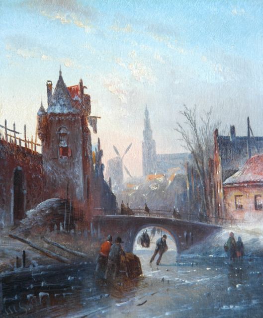 Jacob Jan Coenraad Spohler | A town view with skaters, Öl auf Holz, 19,0 x 15,7 cm, signed l.l. with initials