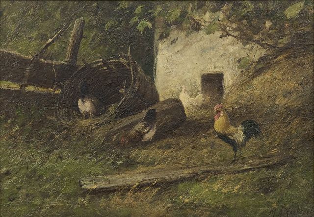 Koekkoek II M.A.  | Hahn und Hennen bei einer Brutstätte, Öl auf Leinwand 24,4 x 34,5 cm, Unterzeichnet r.u.
