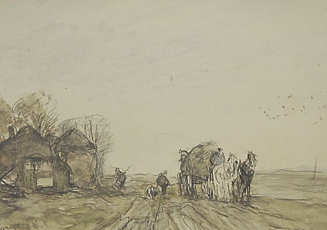 Louis Apol | Loading the hay cart, Bleistift und Aquarell auf Papier, 16,5 x 23,3 cm, signed l.l.
