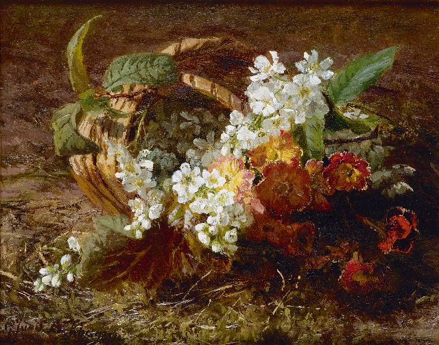 Gerardine van de Sande Bakhuyzen | Stilleben mit Kirschblüte und Primel, Öl auf Holz, 20,8 x 26,1 cm, Unterzeichnet l.u.