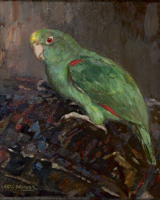 Greta Bruigom | Grüner Papagei, Öl auf Leinwand, 33,0 x 27,5 cm, Unterzeichnet l.u.