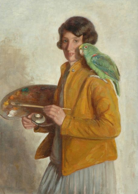 Greta Bruigom | Selbstporträt mit einem grünen Papagei, Öl auf Leinwand, 90,3 x 66,4 cm