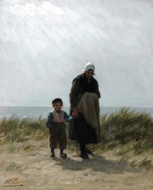 Sadée P.L.J.F.  | Mother with child in the dunes, Scheveningen, Öl auf Holz 26,1 x 20,9 cm, signed l.l.