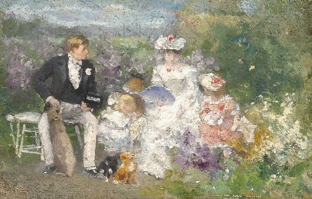 Florent Crabeels | Conversation in the Parc d'Anvers, Öl auf Holz, 14,3 x 21,2 cm, signed l.r.