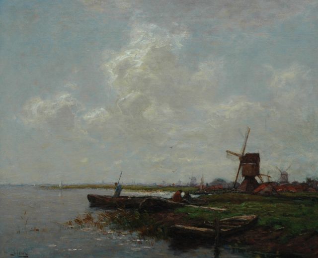 Johannes Karel Leurs | Polder landscape with boats and a windmill, Öl auf Leinwand, 65,6 x 80,4 cm, signed l.l.
