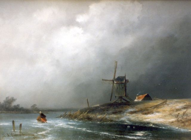 John Franciscus Hoppenbrouwers | A skater on a frozen waterway, Öl auf Holz, 23,0 x 31,2 cm, signed l.l.
