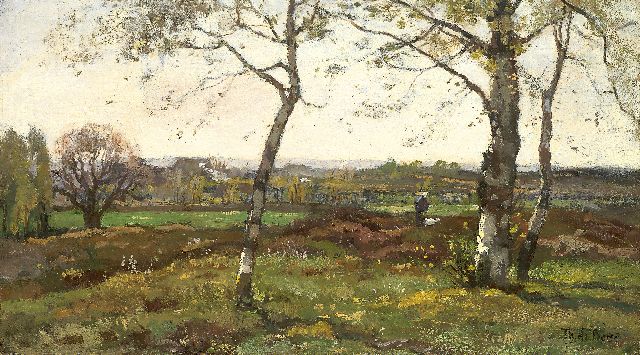 Théophile de Bock | Sommerliche Landschaft mit Bäuerin und einer Ziege, Öl auf Leinwand, 33,2 x 58,5 cm, Unterzeichnet r.u.