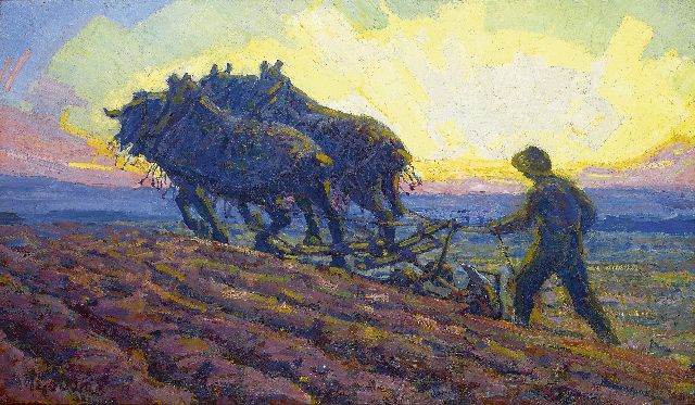 Adriaan Herman Gouwe | Pflugende Pferde bei Sonnenaaufgang, Öl auf Leinwand, 48,8 x 82,0 cm, Unterzeichnet l.u. und zu datieren um 1916-1918