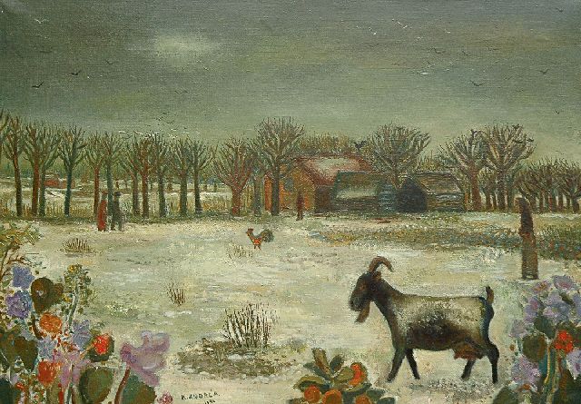 Kees Andréa | Winterlandschaft mit Menschen und Tieren, Öl auf Leinwand, 50,4 x 70,4 cm, Unterzeichnet l.v.d.M. und datiert 1940