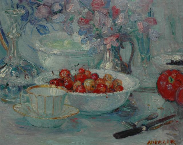 Niekerk M.J.  | A still life with cherries, Öl auf Leinwand 35,1 x 43,4 cm, signed l.r.