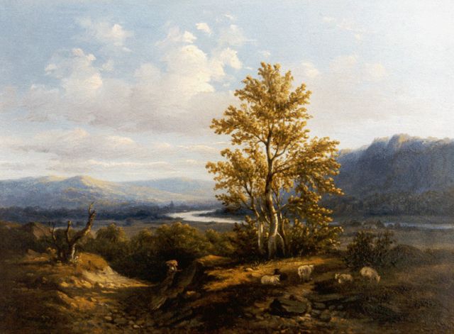 Wijngaerdt A.J. van | A Rhine landscape with grazing sheep, Öl auf Holz 19,3 x 26,3 cm, signed l.l.