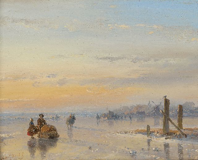 Andreas Schelfhout | Figures with a sledge and skater on a frozen waterway, Öl auf Holz, 11,6 x 14,8 cm, signed l.l. and on the reverse