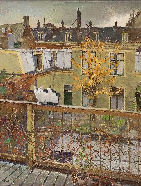 Pol Dom | A cat on a balcony, Öl auf Leinwand, 80,0 x 60,0 cm, signed l.l.