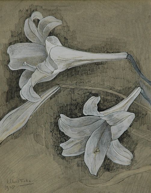 Albert Fiks | White lily flowers, Feder, Tinte und Gouache auf Papier, 29,5 x 23,4 cm, signed l.l. und dated 1928