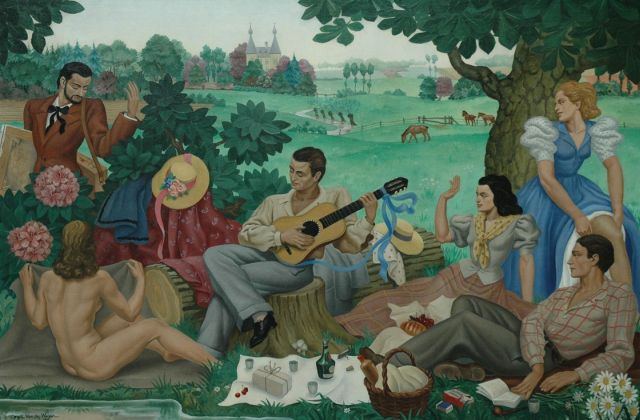 Omer van de Weyer | Picknick under the tree, Öl auf Leinwand, 100,0 x 149,5 cm, signed l.l.