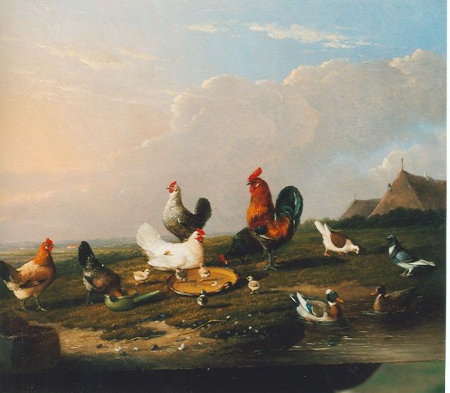 Frans van Severdonck | Poultry in a landscape, Öl auf Holz, 17,7 x 24,1 cm, signed l.l. und dated 1869
