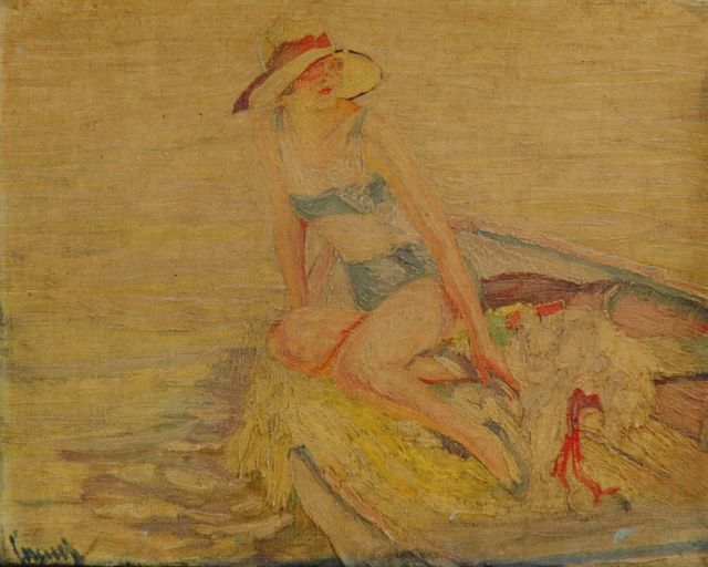 Cucuel E.  | Sunbathing on a boat, Öl auf Leinwand 24,0 x 30,0 cm, signed l.l.