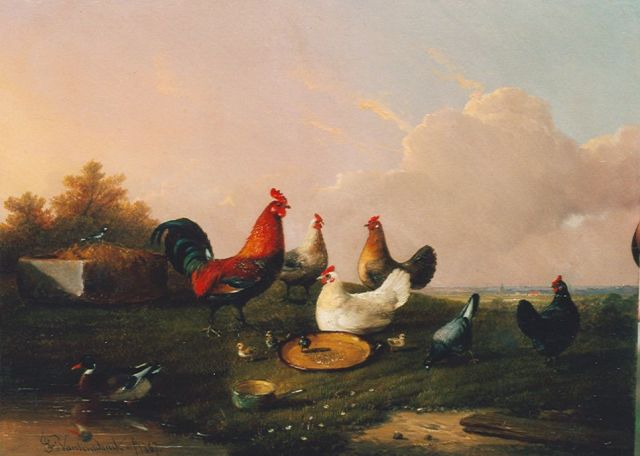 Frans van Severdonck | Poultry in a landscape, Öl auf Holz, 17,7 x 24,1 cm, signed l.c. und dated 1869