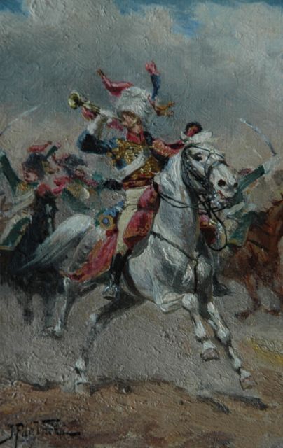 Justus Pieter de Veer | Cavalery on their horses, Öl auf Papier, 14,4 x 9,8 cm, signed l.l.