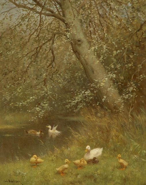 Constant Artz | Entenfamilie am Teich, Öl auf Tafel, 50,1 x 40,2 cm, Unterzeichnet l.u.