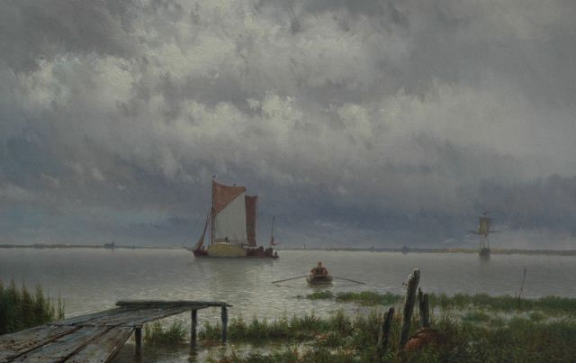 Koekkoek J.H.B.  | Moored barges at sunset, Öl auf Leinwand 33,2 x 52,0 cm, signed l.l.